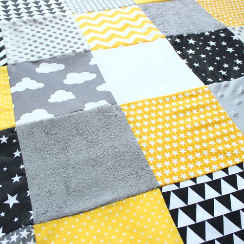 Montessori tapis d'éveil pour bébé, jaune & gris, cadeau naissance, materiel montessori, tapis de parc patchwork