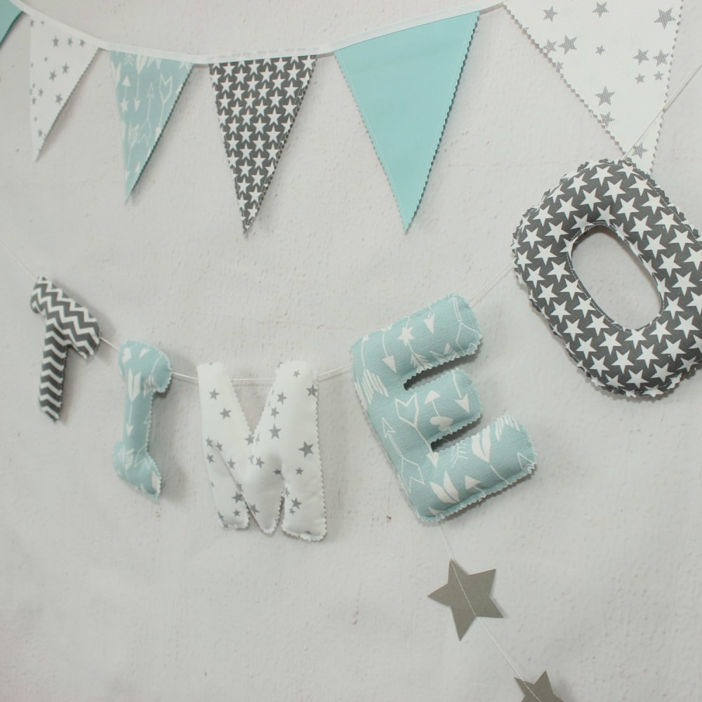 Guirlande Prenom Personnalise Pour Bebe Garcon Vert D Eau Gris Cadeau Bapteme Naissance Bebe Lettres En Tissu Pour Chambre Un Grand Marche