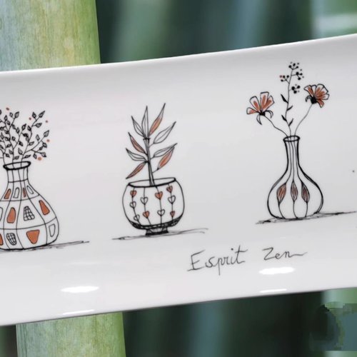 Plat rectangle porcelaine peint à la main motif vases