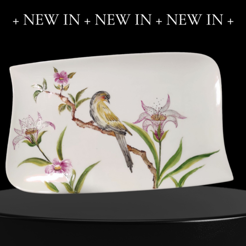 Plat de présentation porcelaine décor oiseaux peint main