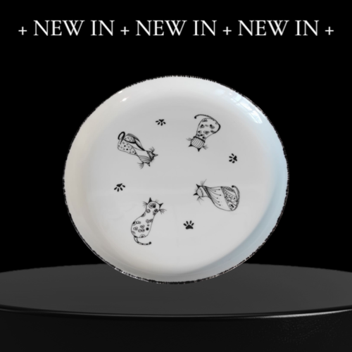 Plat rond porcelaine chats graphiques peint main