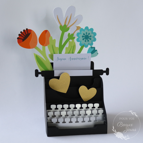 Carte d'anniversaire "machine à écrire et fleurs"