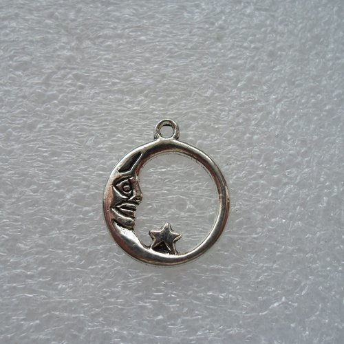 Breloque lune et etoile dans un cercle metal argente