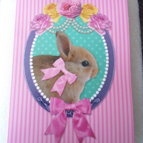 Carte  de voeux double lapin et fleurs