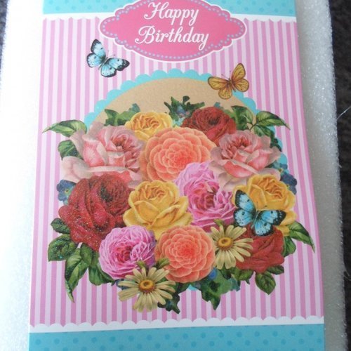 Carte  de voeux double "happy birthday" roses et papillons