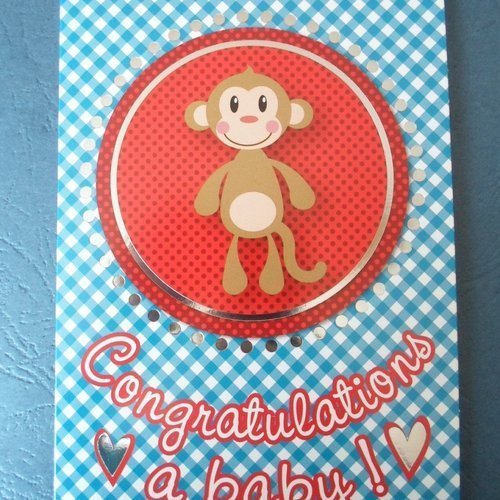 Carte  de voeux double "congratulations a baby" bebe singe