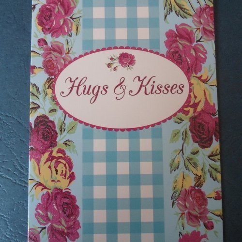Carte  de voeux double "hugs and kisses" fleurs (calins et bisous)