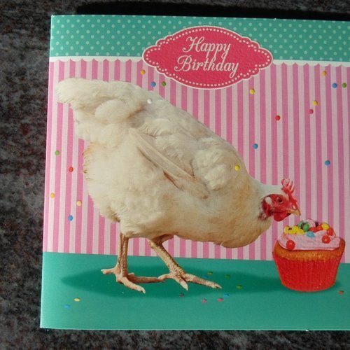 Carte  de voeux double "happy birthday" poule et gateau