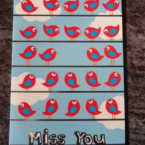 Carte  de voeux double "miss you" oiseaux