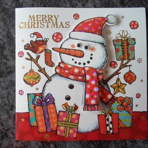 Carte de voeux double "merry christmas" bonhomme de neige et cadeaux