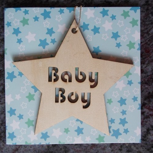 Carte double avec pendentif etoile "baby boy" en bois a personnaliser