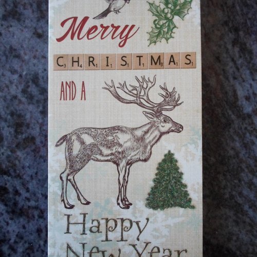 Carte  de voeux double "merry christmas and a happy new year" cerf et oiseau