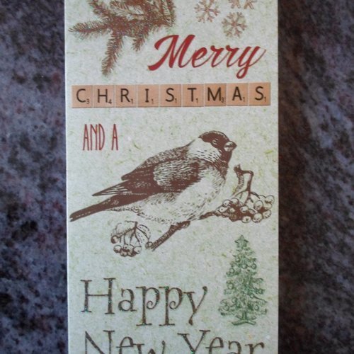 Carte  de voeux double "merry christmas and a happy new year" oiseau sur branche