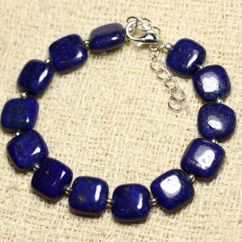 Bracelet argent 925 et pierre - lapis lazuli carrés 10mm bleu roi nuit doré