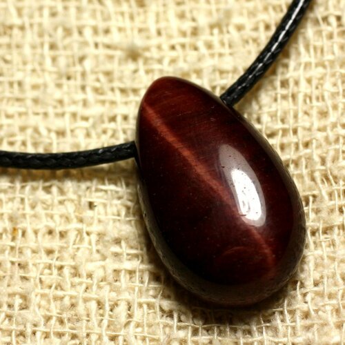 Collier pendentif pierre - oeil de taureau tigre rouge goutte 25x15mm