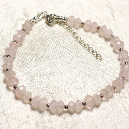 Bijou bracelet argent 925 et pierre quartz rose rondelles facettées 4x3mm rose clair