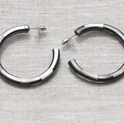 Boucles d'oreilles créoles anneaux cercles nacre noire mosaïque 44mm - ethnique vintage designer francais