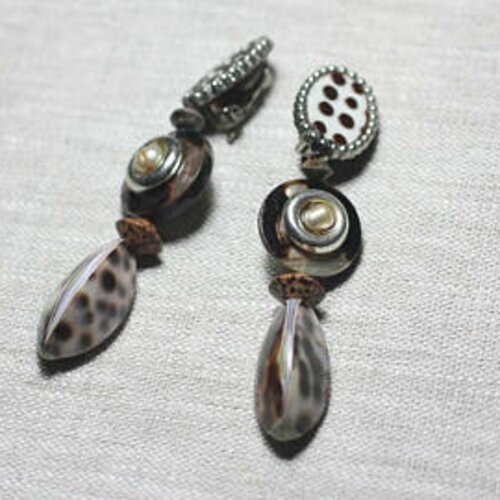 Boucles d'oreilles clips résine ccb nacre coquillage bois pendantes 83mm - ethnique vintage designer francais