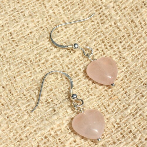 Boucles oreilles argent 925 et pierre - quartz rose coeurs 10mm