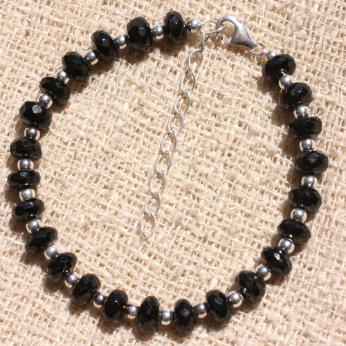 Bracelet argent 925 et pierre - spinelle noir rondelles facettées 7-8mm