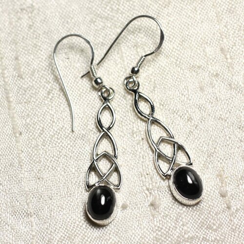 Bo241 - boucles oreilles argent 925 et pierre onyx noir noeud celtique 36mm