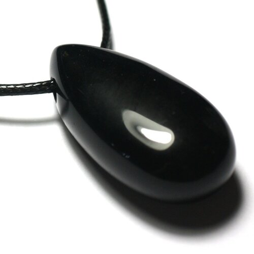 Collier pendentif pierre semi précieuse - obsidienne noire goutte 40mm