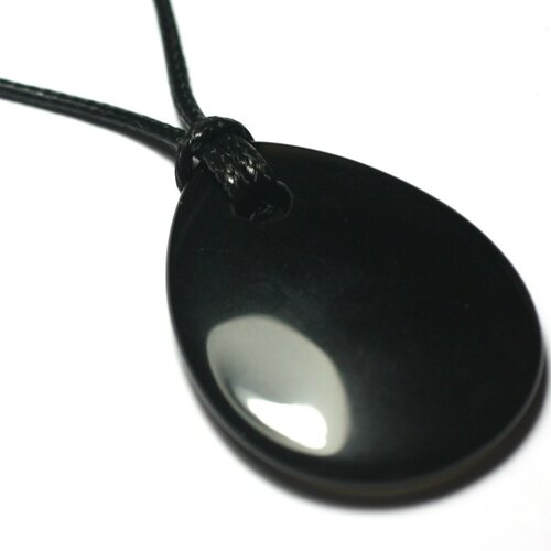 Collier pendentif pierre - obsidienne noire goutte 40x30mm
