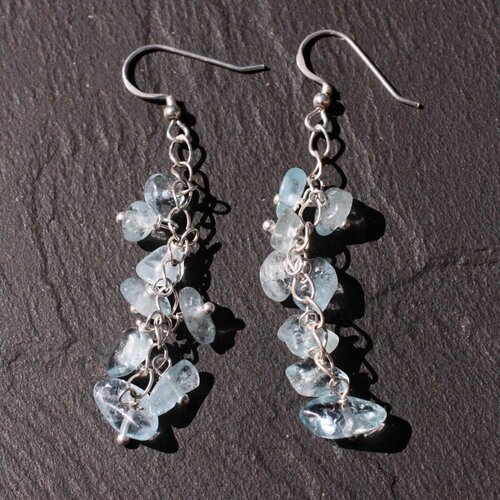 Boucles oreilles pendantes argent 925 chaine et pierre aigue marine chips bleu ciel clair