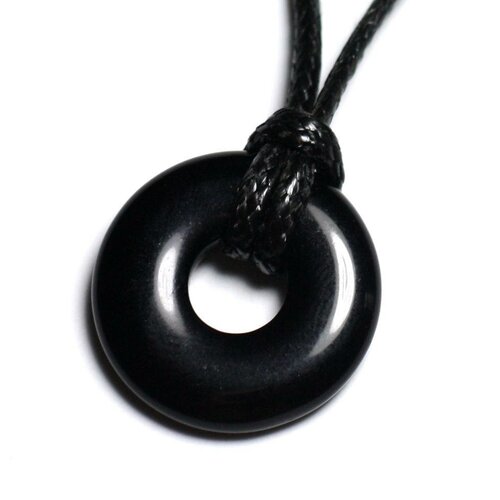 Collier pendentif pierre - obsidienne noire rond cercle donut pi 20mm noir
