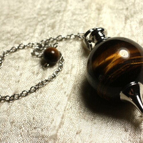Pendule métal argenté rhodium et pierre semi précieuse - oeil de tigre boule 25mm