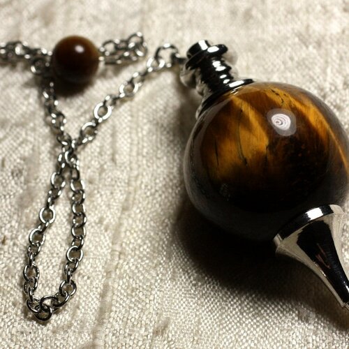 Pendule métal argenté rhodium et pierre semi précieuse - oeil de tigre boule 30mm