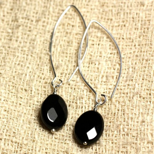 Boucles d'oreilles argent 925 crochets 40mm - onyx noir ovales facettés 14x10mm