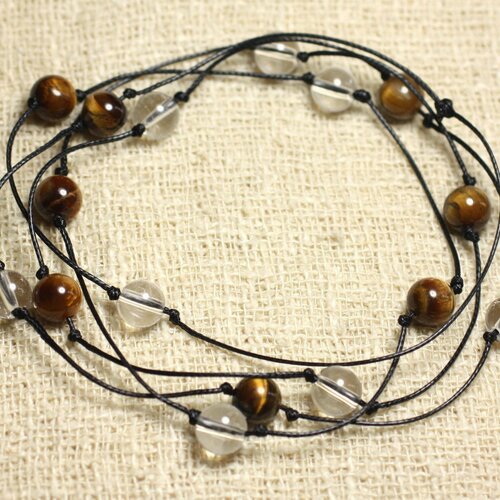 Collier sautoir pierres semi précieuses - oeil de tigre et cristal de roche quartz