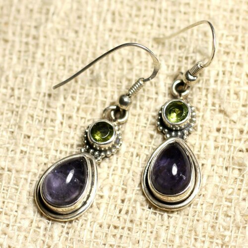 Bo206 - boucles d'oreilles argent 925 et pierre 23mm - iolite et péridot