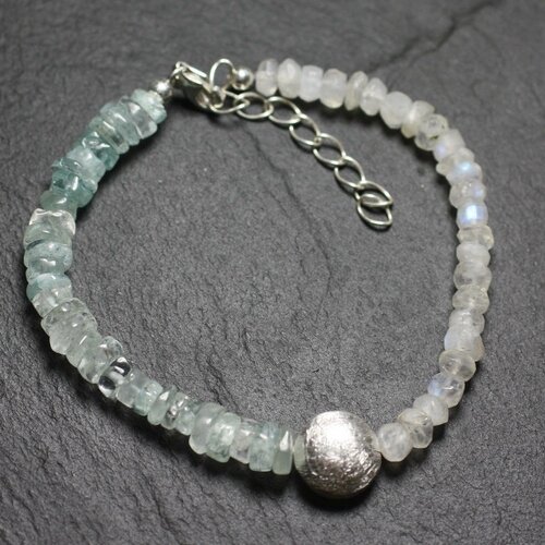 Bracelet argent 925 et pierres - aigue marine et pierre de lune rondelles 4-7mm