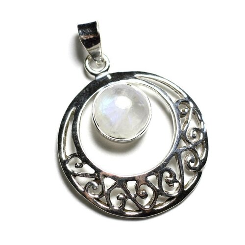 Pe118 - pendentif argent 925 et pierre - cercle arabesques 27mm pierre de lune