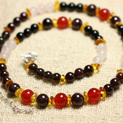 Collier argent 925 ambre et pierres cornaline, grenat, quartz rose, quartz fumé, tourmaline noire