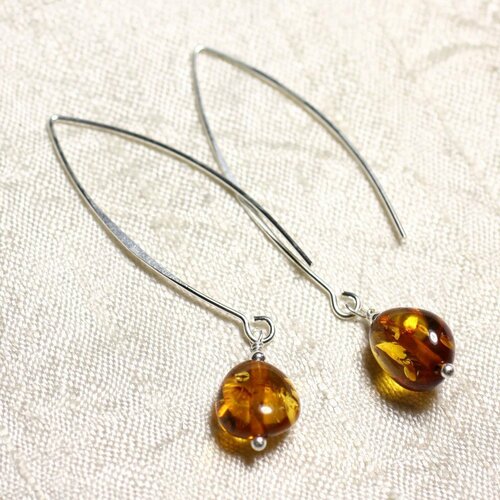 Boucles d'oreilles argent 925 longs crochets et ambre naturelle olives 9-10mm
