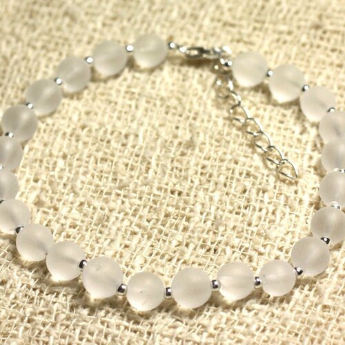 Bracelet argent 925 et pierre - cristal de roche quartz mat 6mm