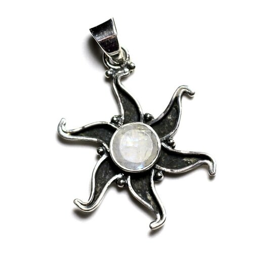 Pe101 - pendentif argent 925 et pierre - pierre de lune arc en ciel soleil 23mm