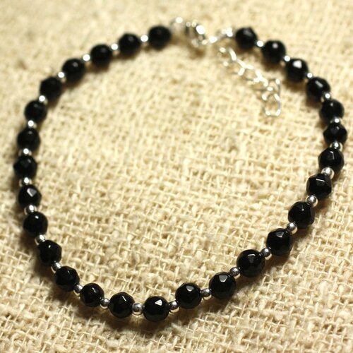 Bracelet argent 925 et pierre - jade noire facettée 4mm