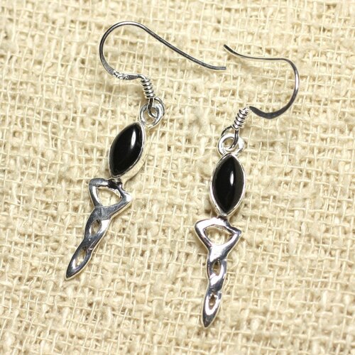 Bo218 - boucles d'oreilles argent 925 et pierre - celtique 28mm onyx