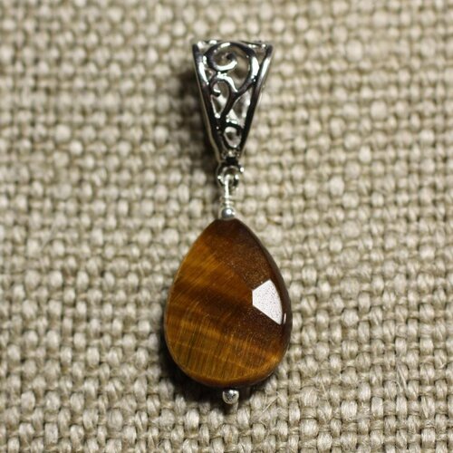 Collier pendentif pierre - oeil de tigre goutte facettée 18mm
