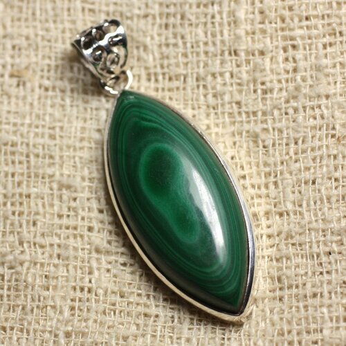N3 - pendentif argent 925 et pierre - malachite marquise 43x18mm