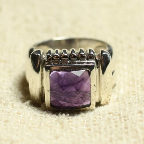 N123 - bague argent 925 et pierre - améthyste carré facetté 10mm