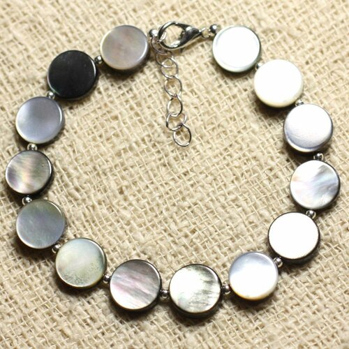 Bracelet argent 925 et nacre noire palets 10mm