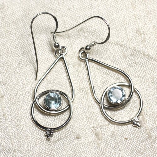 Bo205 - boucles d'oreilles argent 925 et pierre topaze bleue gouttes 36mm