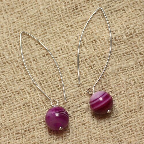Boucles d'oreilles agate fuchsia et longs crochets argent 925