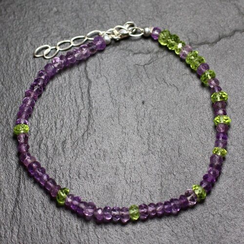 Bracelet argent 925 et pierres - améthyste et péridot rondelles facettées 3-5mm