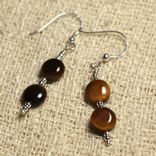 Boucles d'oreilles argent 925 - oeil de tigre palets 10mm